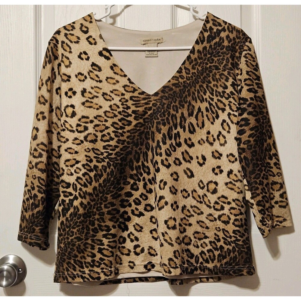 Apostrophe Women XL Leopard Print Blouse 3/4 Sleeve V Neck Y2K Polyester Top